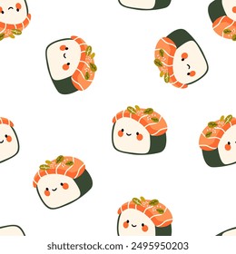 Seamless vector pattern on white background. Cute Philadelphia rolls