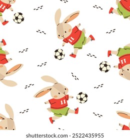 Seamless vector pattern on white background on sports theme. Cute bunny playing soccer. Prints in children's style 