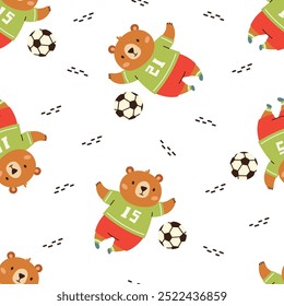 Seamless vector pattern on white background on sports theme. Cute bear playing soccer. Prints in children's style 