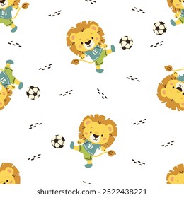 Seamless vector pattern on white background on sports theme. Cute lion cub playing soccer. Prints in children's style 