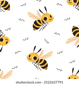 Seamless vector pattern on white background. Cute wasp and bee. Hare lion cub koala bear fox mouse. Prints in children's style 