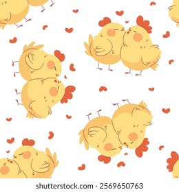 Seamless vector pattern on white background. Cute hen and rooster in love hugging, illustration for valentine's day, print for printing on children's products