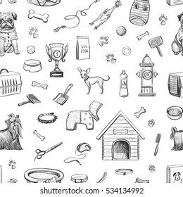 
A seamless vector pattern on a white background dog, products and accessories for dogs. 