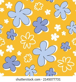 Seamless vector pattern on a yellow background. Purple and lilac abstract flowers, contour white doodle. Drawing in a simple cartoon, summer, beach style, vector illustration