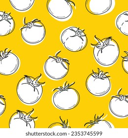 Seamless vector pattern on a yellow background. Hand drawn ripe tomatoes with white background. Illustration isolated from the background.