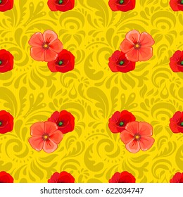Seamless vector pattern on a yellow background with cute poppy flowers. Floral background.