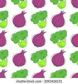 Seamless vector pattern with onions and broccoli on a white background.