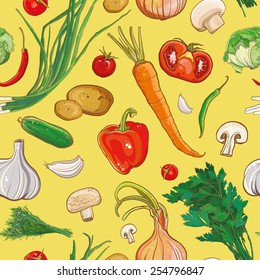Seamless vector pattern with onions, carrots, mushrooms, potatoes, parsley, garlic, peppers, tomatoes, cabbage, dill. Food ingredient. Background for design. eps 10
