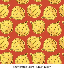 Seamless vector pattern with onions on dark red background. Modern concept for fabric and paper, surface textures.