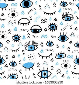 Seamless vector pattern with open and closed eyes and geometric shapes in hand drawn doodle style