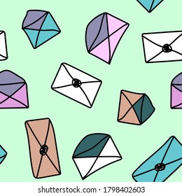 Seamless vector pattern. Opened and sealed envelopes of different sizes and colors on a light green background. Simple freehand drawing.