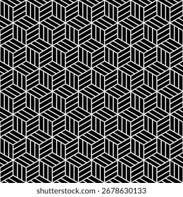 Seamless vector pattern with optical cube design, black white geometric abstract background, modern minimal repeat, decorative texture for wallpaper, textile, wrapping paper, stylish surface art