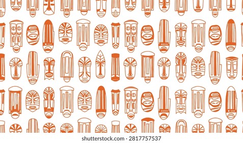 Seamless vector pattern of orange African tribal masks on a white background. Hand-drawn ethnic ritual face masks in terracotta line art style. Abstract cultural folk art illustration.
