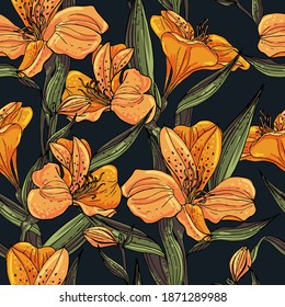 Seamless vector pattern with orange Alstroemeria on a dark blue background.