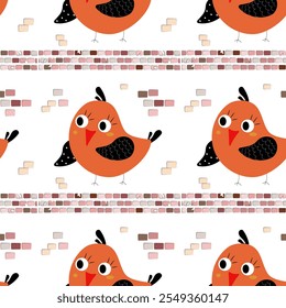 Seamless vector pattern with orange bird and brick wall in cartoon style on transparent background