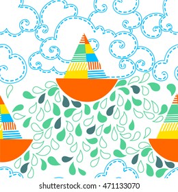 Seamless vector pattern with orange boats with sail on the sea. Doodle illustration for wrapping paper, postcards, fabric