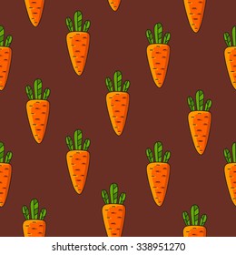 Seamless vector pattern of orange carrots with green leaves on brown background, painted by hand.