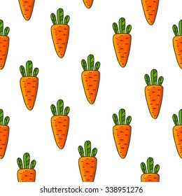 Seamless vector pattern of orange carrots with green leaves on a white background, hand-drawn.