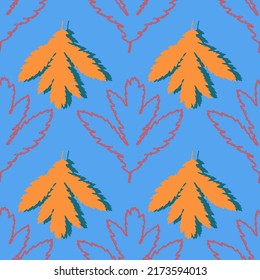 Seamless vector pattern with orange colored leaves on a blue background. Vegetable texture for fabric, bed linen, tablecloth, baby clothes, wallpaper.