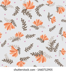 A seamless vector pattern with orange flowers and leaves on light background. Surface print design.