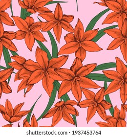 Seamless vector pattern with orange flowers on pink background. Good print for wallpaper, textile, wrapping paper, ceramic tiles