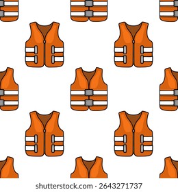 Seamless vector pattern of orange life vests with white stripes and gray buckles, ideal for nautical or safety-related designs.