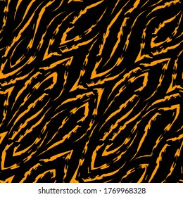 Seamless vector pattern of orange lines with sharp corners smoothly flowing into each other isolated on a black background. Tiger skin print