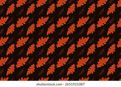 Seamless vector pattern with orange oak leaves and hand-drawn outline foliage on dark background. Designed in flat style. Suitable for autumn textile print, packaging, wrapping paper, digital backgrou