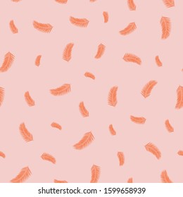 Seamless vector pattern orange Palm tree leaves on pink background. Abstract exotic tropical leaf backdrop. Floral summer repeating design. Feathers Vector illustration for fabric, packaging, banners