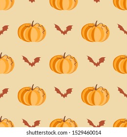 
Seamless vector pattern with orange pumpkins and bats on orange background. Helloween pattern for fall decoration, autumn fest invitations, fabric, textile, print, web background, gift wrapping paper