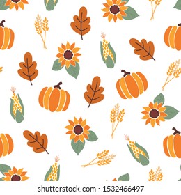 Seamless vector pattern with orange pumpkins, crop corn, maple leaves and bright sunflowers on white background. Autumn, fall, harvesting. For Thanksgiving, wrapping paper, fabric, autumn decor, cards