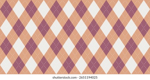 Seamless vector pattern with orange purple and white argyle diamonds and dotted diagonal lines, traditional retro textile design for autumn Thanksgiving crafts fashion decoration wrapping paper
