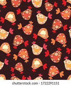 Seamless vector pattern with orange - red floral  folk art birds, hearts, on dark dot background