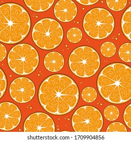 Seamless vector pattern of orange slices on a red background. Big and small. Orange