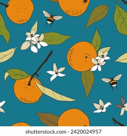 Seamless vector pattern with orange tangerine, bumblebee, green leaves on a turquoise background, citrus repeatable surface design for fabric, textile, wrapping paper