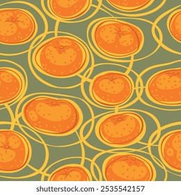
Seamless vector pattern with orange tangerines on a light olive background.