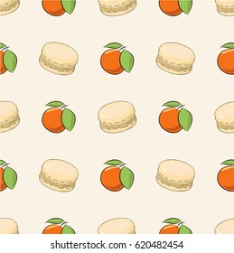 Seamless vector pattern. Orange taste macarons and oranges pattern on the light background. Useful for gifts wrapping.
