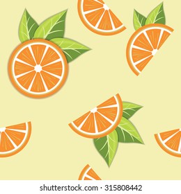 Seamless vector pattern of orange wheels and slices decorated with green leaves. Website background, package design, design element, textile pattern, print. Vector 10 eps file.