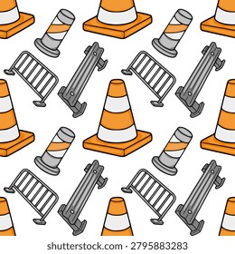 Seamless vector pattern of orange and white traffic cones and grey metal barriers on a white background
