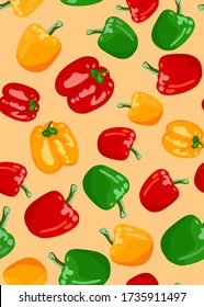 Seamless vector pattern with orange yellow, red and green bell peppers on a pastel background. Fresh organic vegetables on light yellow (trendy pastel) background. Bulgarian pepper. Minimalism style. 