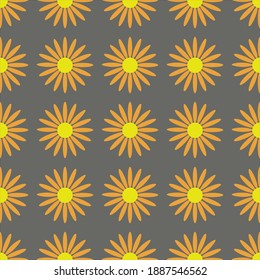 Seamless vector pattern with orange and yellow flowers on grey backgound.