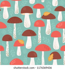 Seamless vector pattern with orange-cap boletus. Mushrooms background.