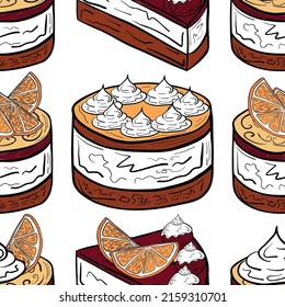 Seamless vector pattern of orange-chocolate cakes for presentations, invitations, posters, home textiles, wrapping paper