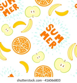 Seamless Vector Pattern of Oranges Bananas Apples and Inscription Summer