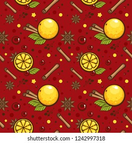 Seamless vector pattern with oranges, cranberries and spices on red background. Design for menu, textile, wrapping paper and holiday decoration.