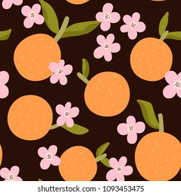 Seamless vector pattern with Oranges and Flowers. Cute cartoon texture with citrus fruits.