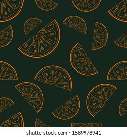 Seamless vector pattern of oranges. Halves of oranges on green background. Bright print for fabric and wallpaper. Can be used for websites, wallpapers, tiles, leaflets, wrapping paper and cafes.