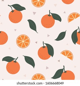 Seamless vector pattern with oranges with leaves and orange wedges in orange and dark green on a neutral background. Cute botanical illustration 