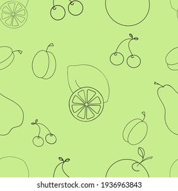 A seamless vector pattern of oranges, lemons and citrus slices isolated on green background. A design element for prints, textiles, backgrounds, wraps for adults and kids.