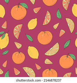 Seamless vector pattern of oranges and lemons. Decoration print for wrapping, wallpaper, fabric, textile.